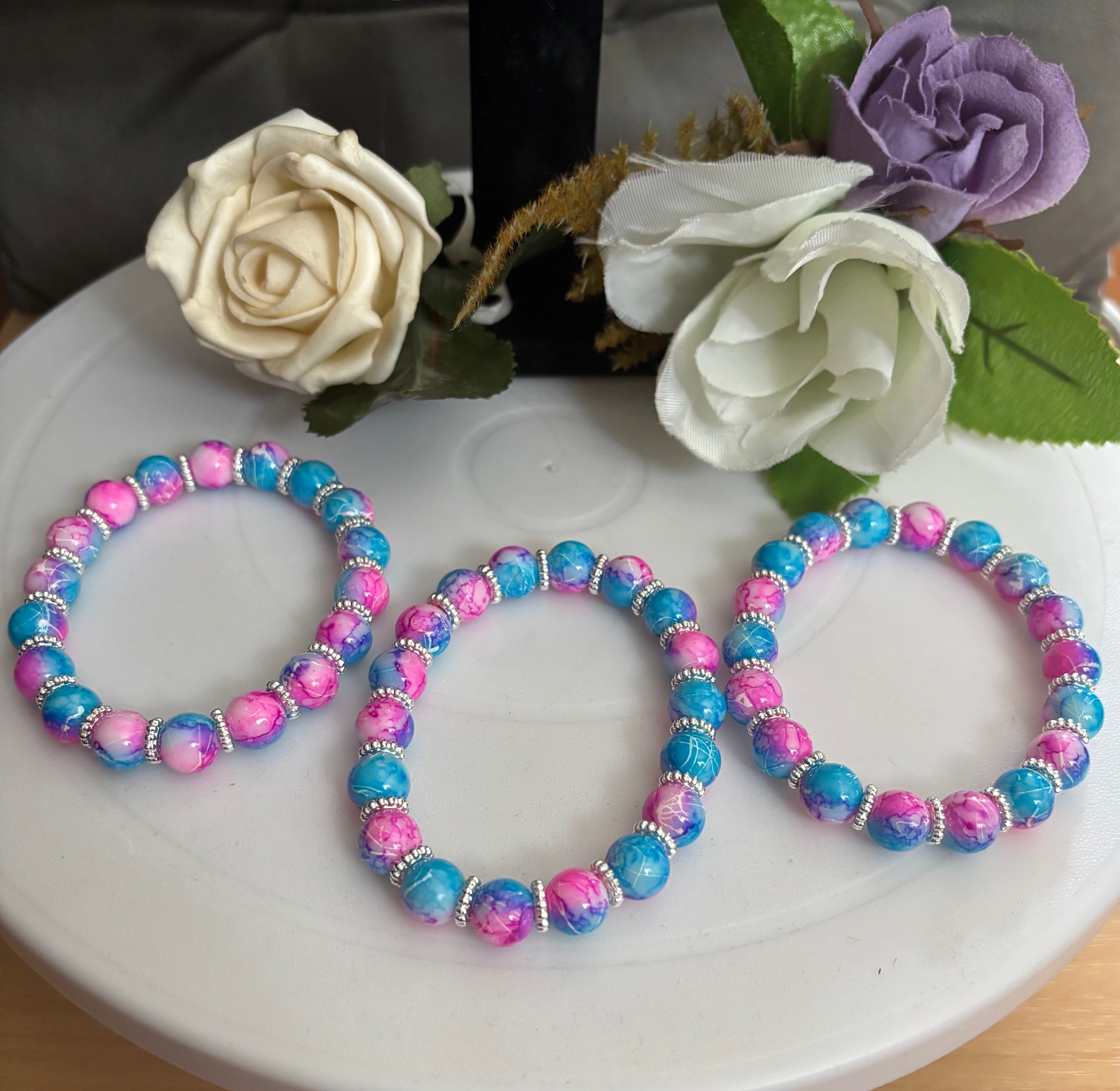Pink, Blue & White Marble Bead Bracelet with Silver Rondelle Spacers