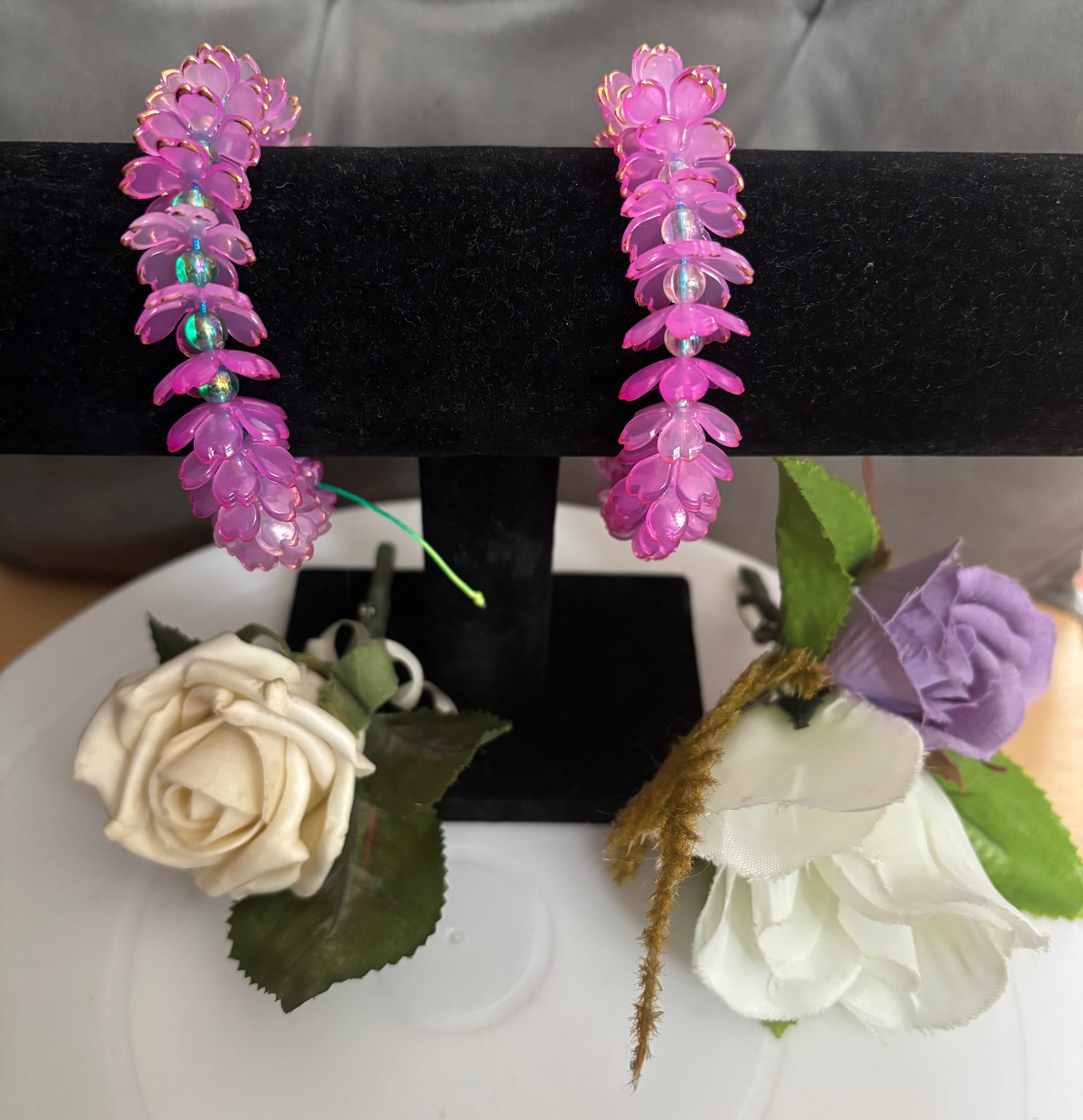 Pink Flower Petal Bead Bracelet with Iridescent Accent Beads