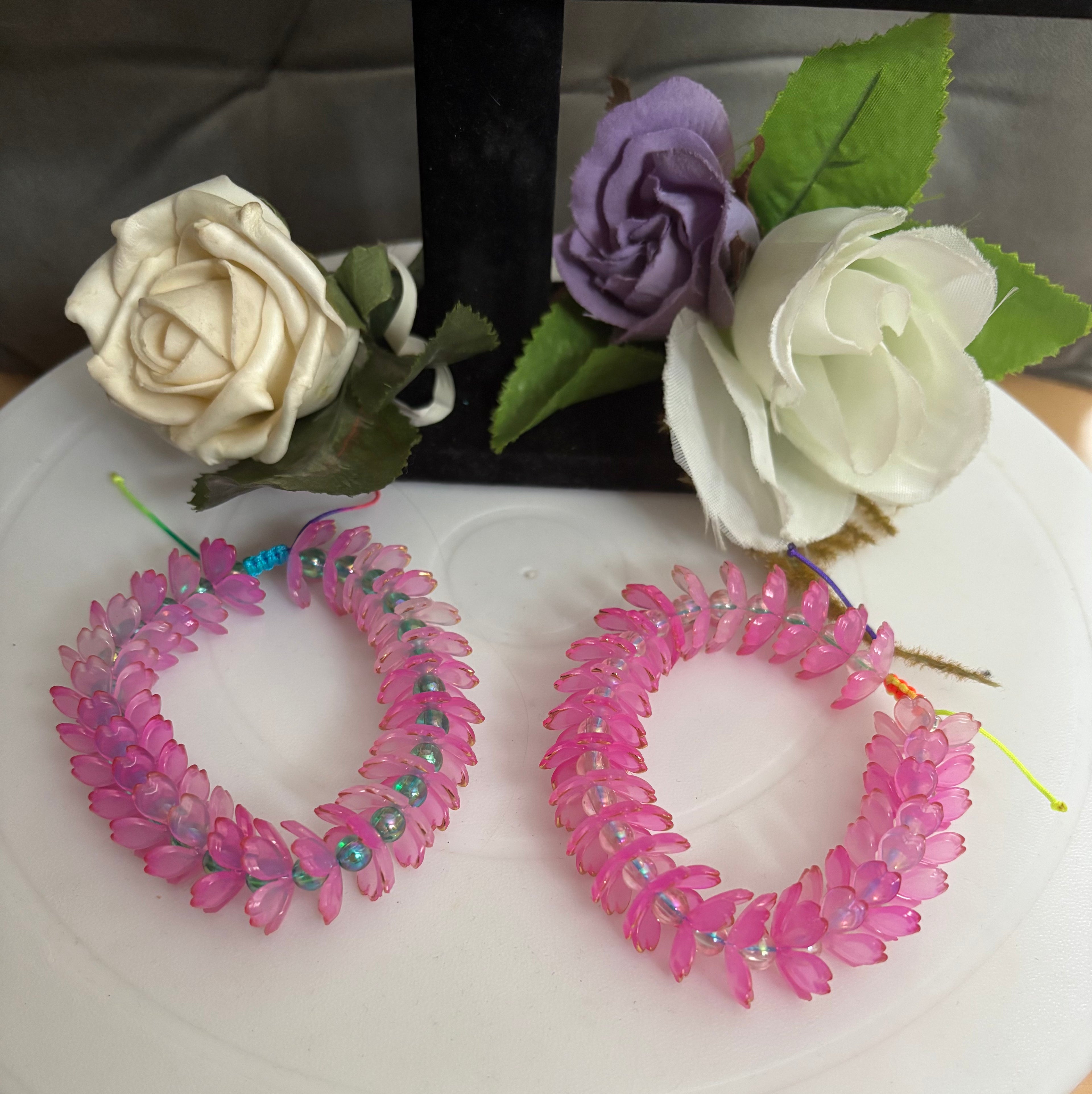 Pink Flower Petal Bead Bracelet with Iridescent Accent Beads