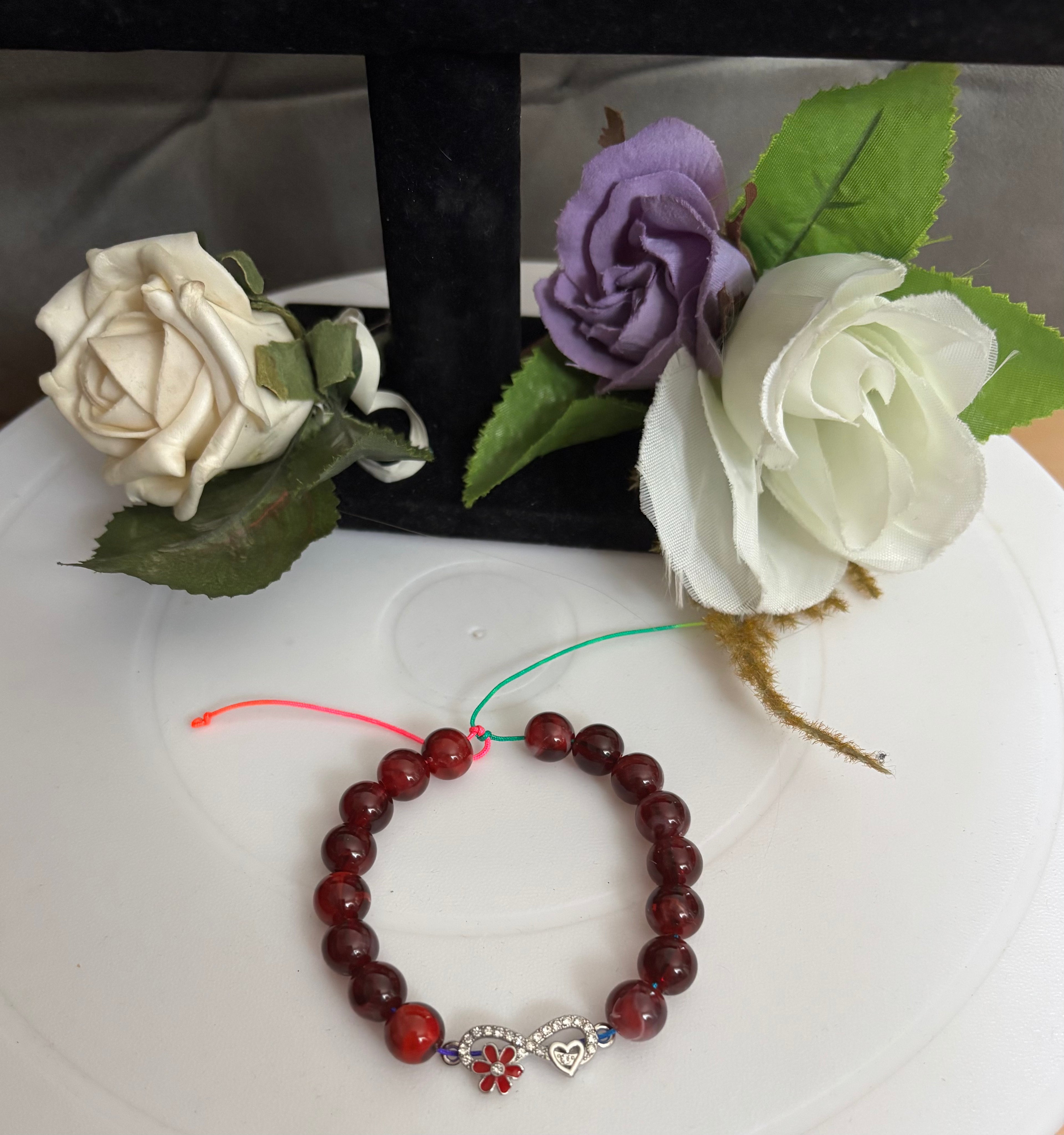 Deep Red Agate Bead Bracelet with Rhinestone Heart & Enamel Flower Charm