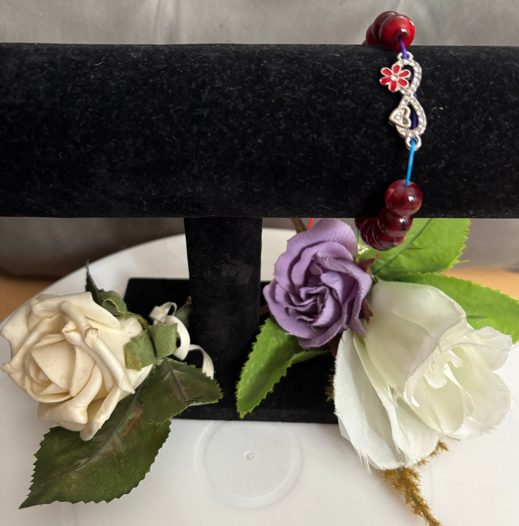 Deep Red Agate Bead Bracelet with Rhinestone Heart & Enamel Flower Charm
