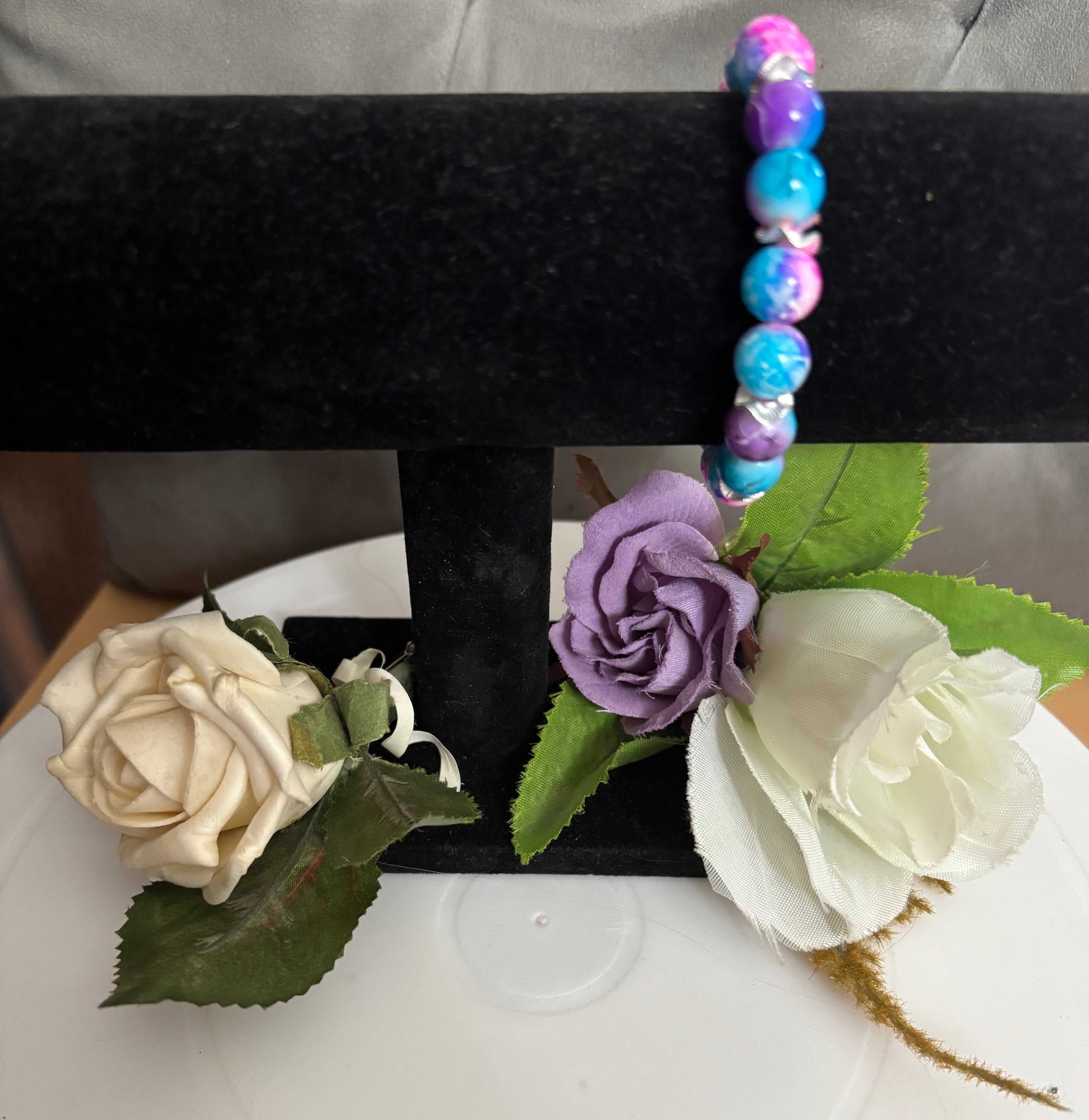 Marble Bead Bracelet - Blue, Purple, Pink & White with Silver Spacers