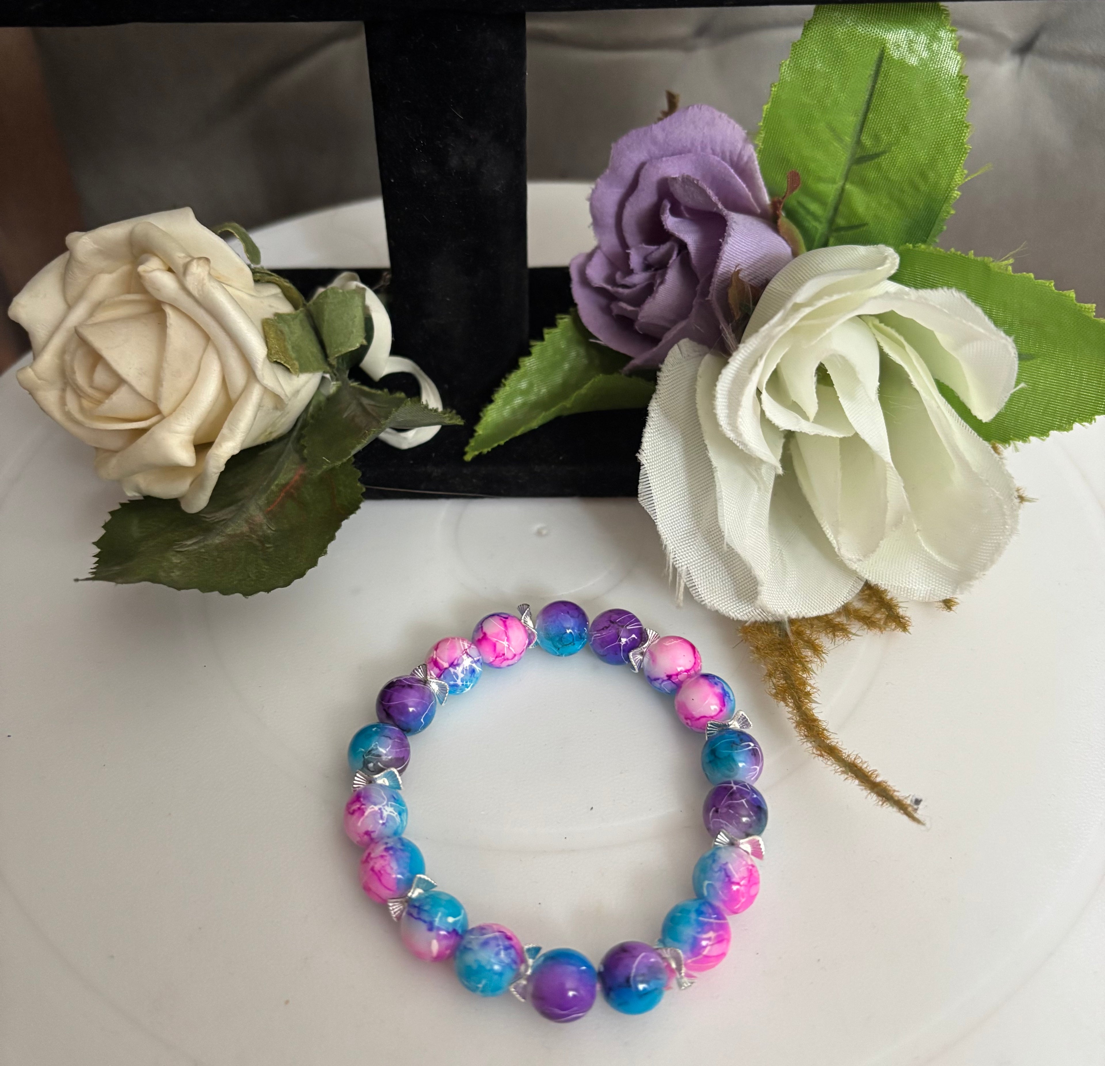 Marble Bead Bracelet - Blue, Purple, Pink & White with Silver Spacers