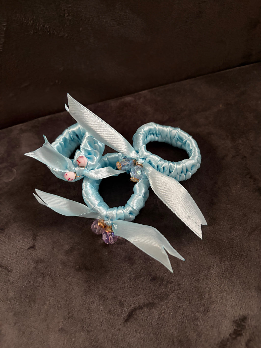 Handmade satin ribbon hairband with beaded detail - Baby Blue