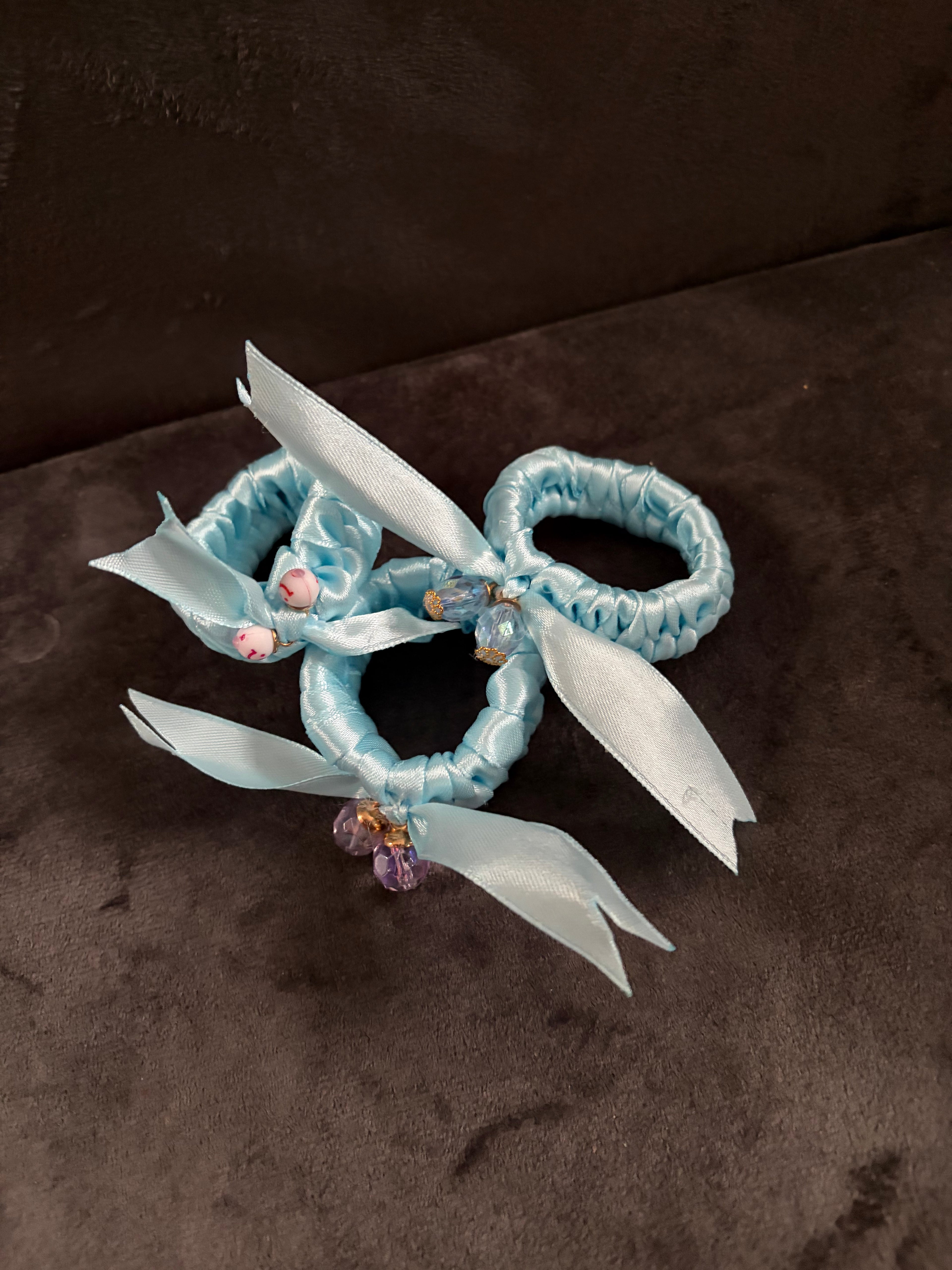Handmade satin ribbon hairband with beaded detail - Baby Blue