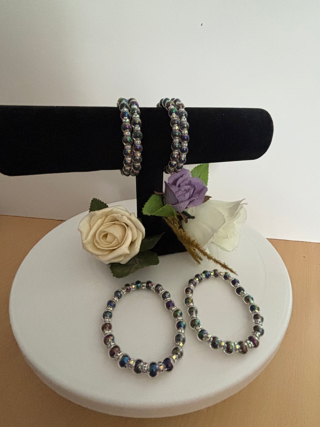 Iridescent Dark Bead Bracelet with Rhinestone Spacers