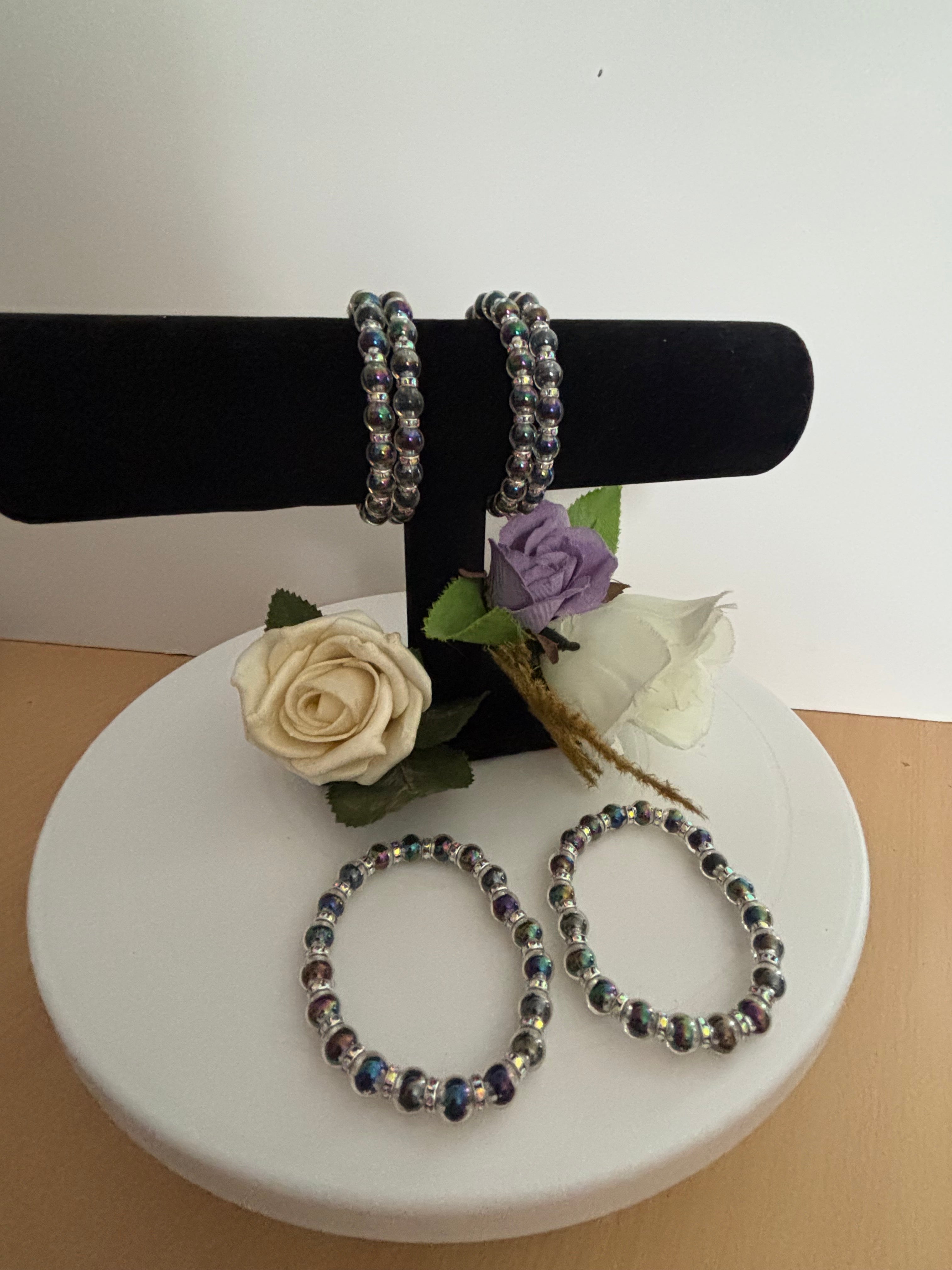 Iridescent Dark Bead Bracelet with Rhinestone Spacers