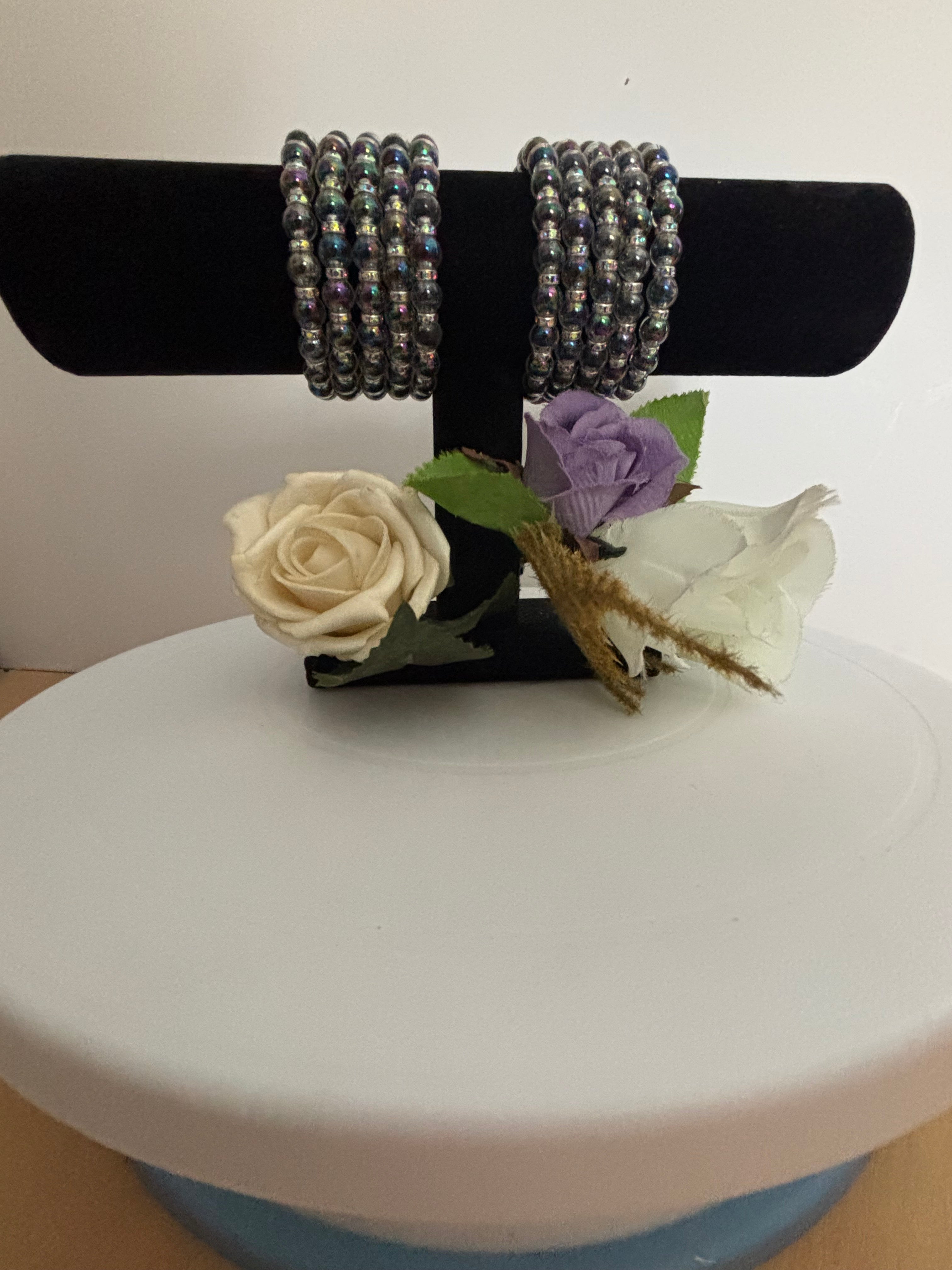 Iridescent Dark Bead Bracelet with Rhinestone Spacers
